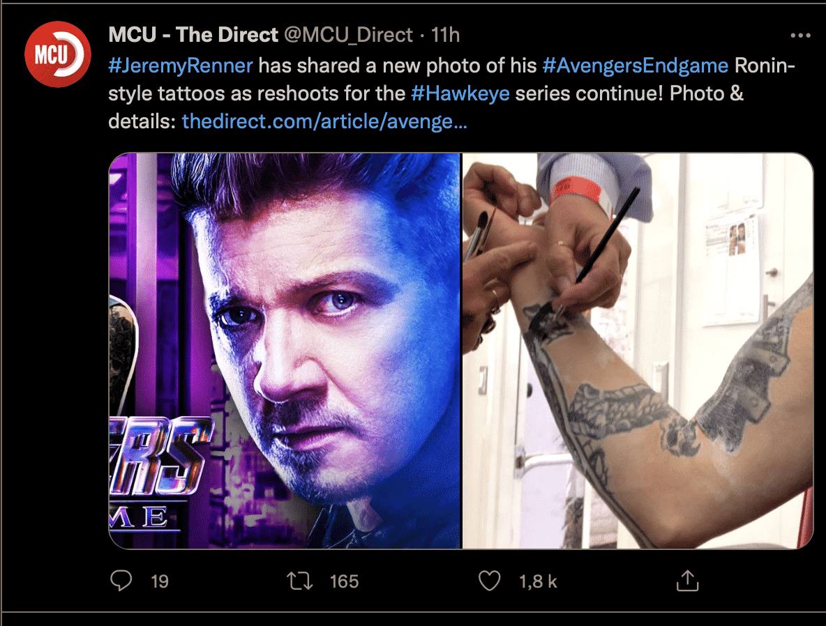 Hawkeye, Jeremy Renner montre le nouveau look du tatouage Ronin. 1 hawkeyer